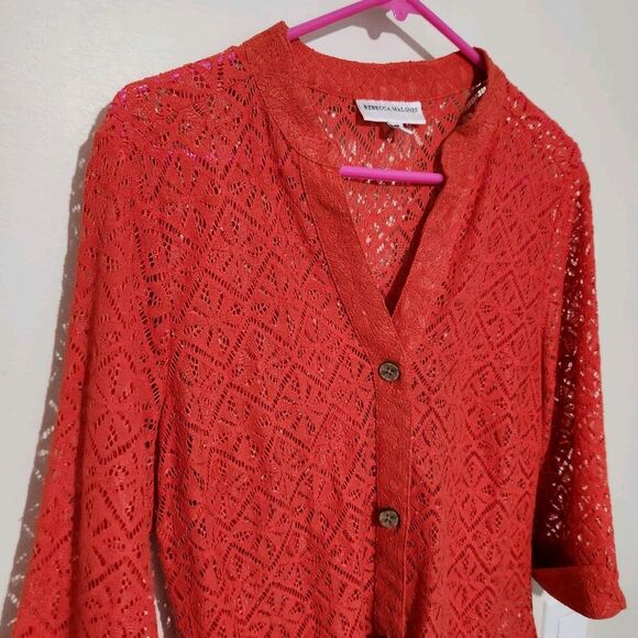 Rebecca Malone Cardigan Size Small Chili Lace Sheer Lightweight Front Buttons - Picture 5 of 10